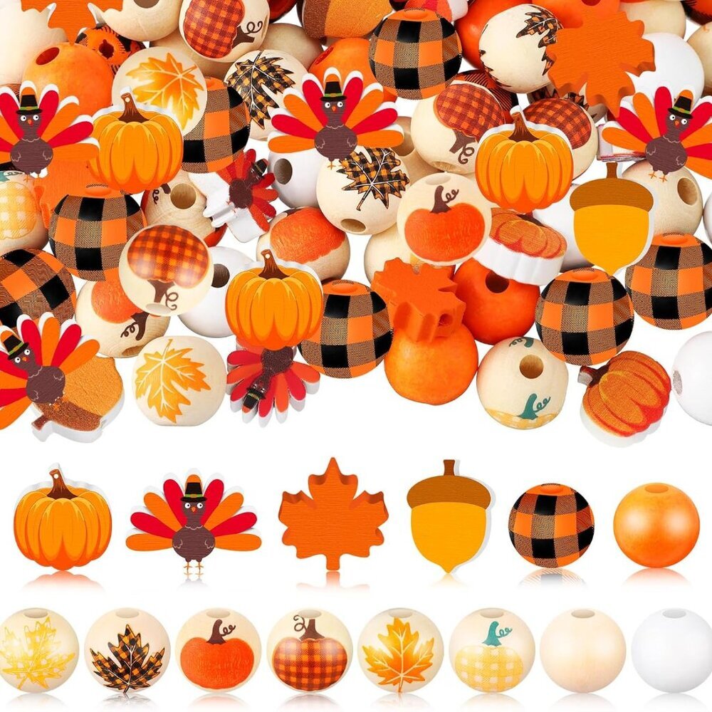 200 Pieces Large Fall Thanksgiving Wooden Beads for Crafts 16 mm Buffalo Plaid P